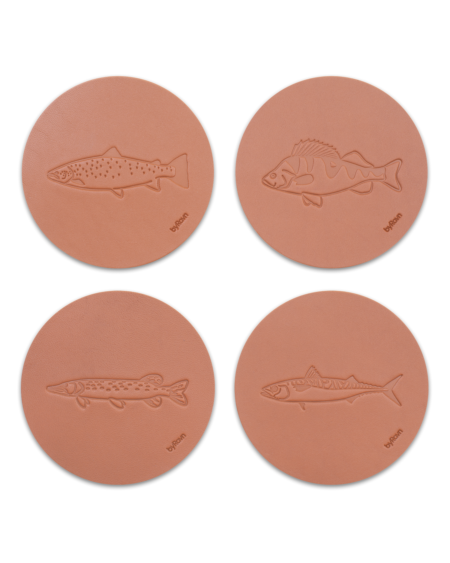 MOKKA angler leather coasters from byRavn in cognac, set of 4 fish: sea trout, perch, pike and mackerel