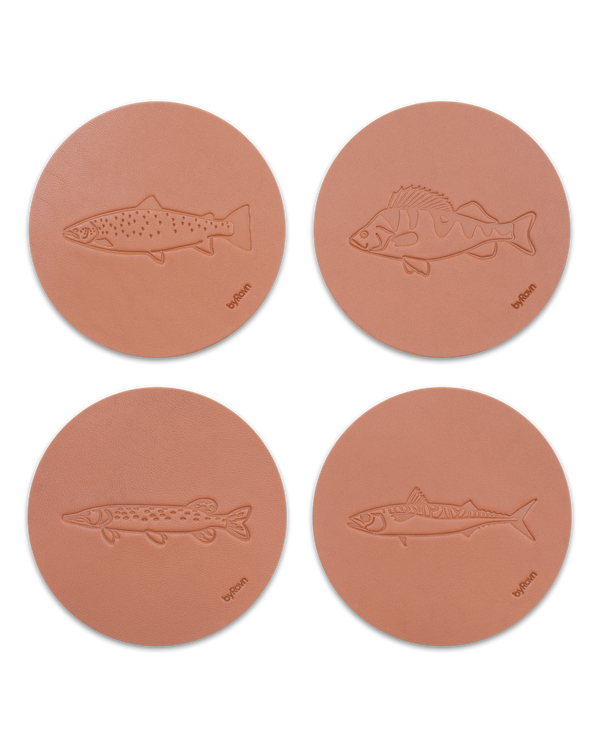MOKKA angler leather coasters from byRavn in cognac, set of 4 fish: sea trout, perch, pike and mackerel