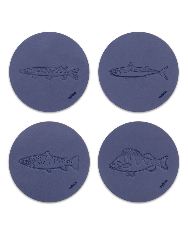 MOKKA angler leather coasters from byRavn in navy blue, 4 fish: pike, mackerel, sea trout and perch
