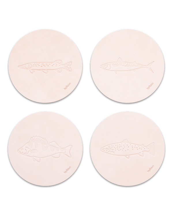 MOKKA angler leather coasters from byRavn in natural, 4 fish: pike, mackerel, perch and sea trout