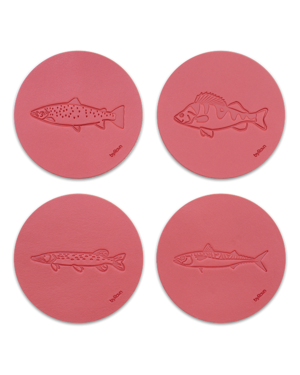 MOKKA angler leather coasters from byRavn in red, 4 fish: sea trout, perch, pike and mackerel