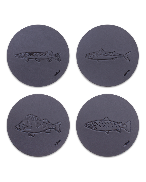 MOKKA angler leather coasters from byRavn in black, 4 fish: pike, mackerel, perch and sea trout