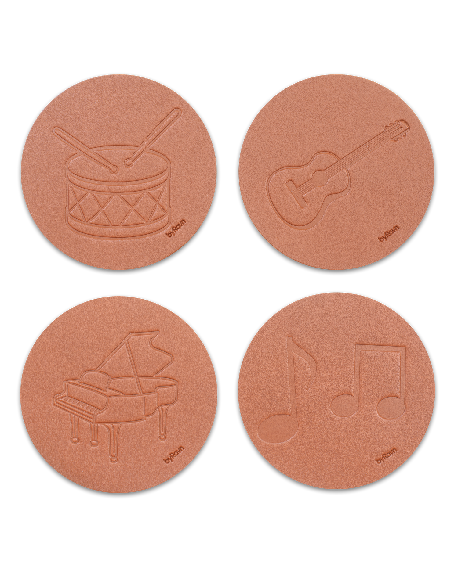 MOKKA music coasters from byRavn in cognac leather, 4 motifs: drum, guitar, grand piano and sheet music
