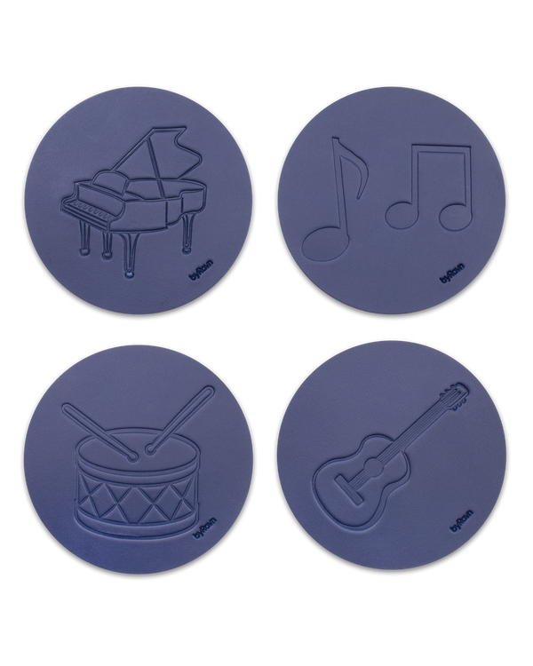 MOKKA music coasters from byRavn in navy blue leather, 4 motifs: grand piano, sheet music, drum and guitar
