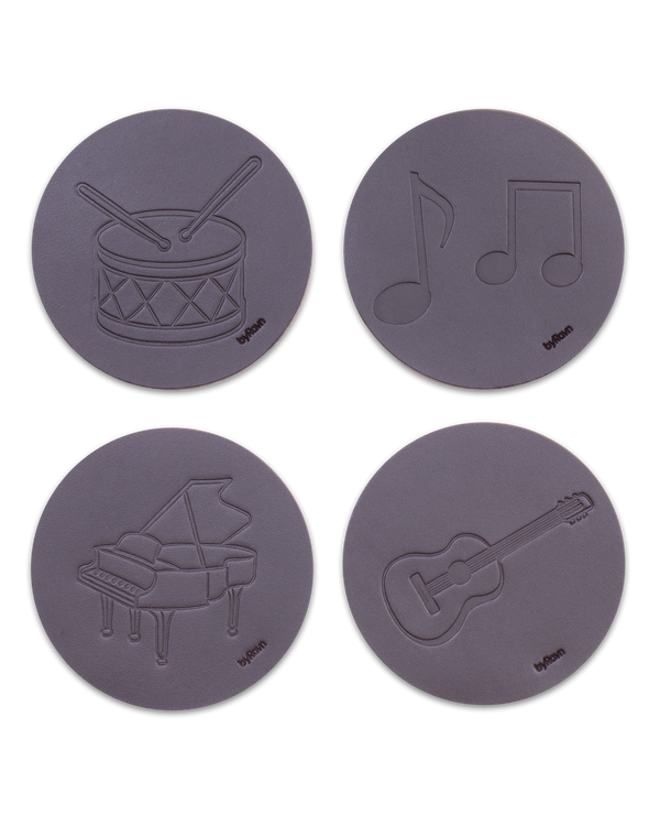 MOKKA music coasters from byRavn in dark brown leather, 4 motifs: drum, sheet music, grand piano and guitar