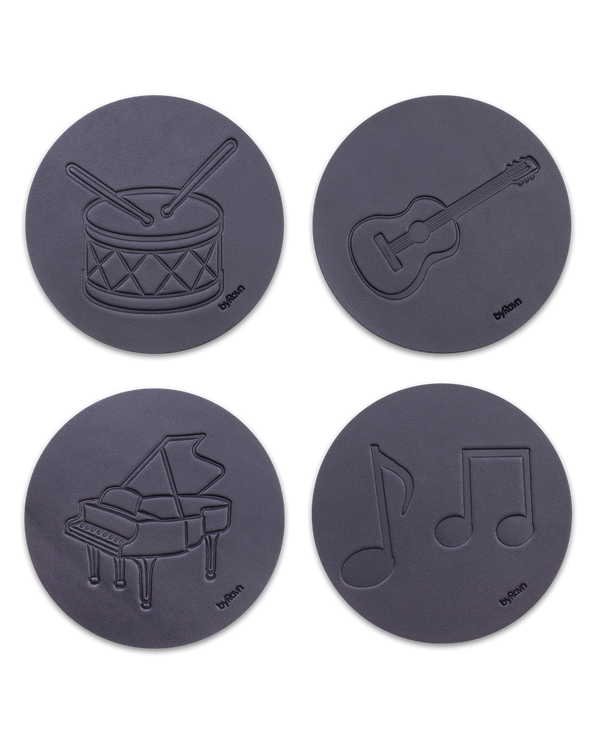 MOKKA music coasters from byRavn in black leather, 4 motifs: drum, guitar, grand piano and sheet music