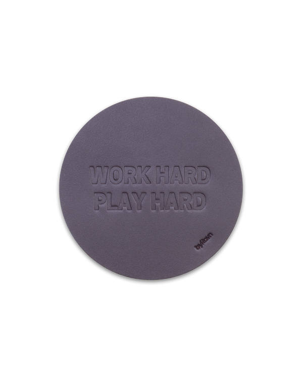 MOKKA leather coaster from byRavn in dark brown embossed "Work hard play hard"