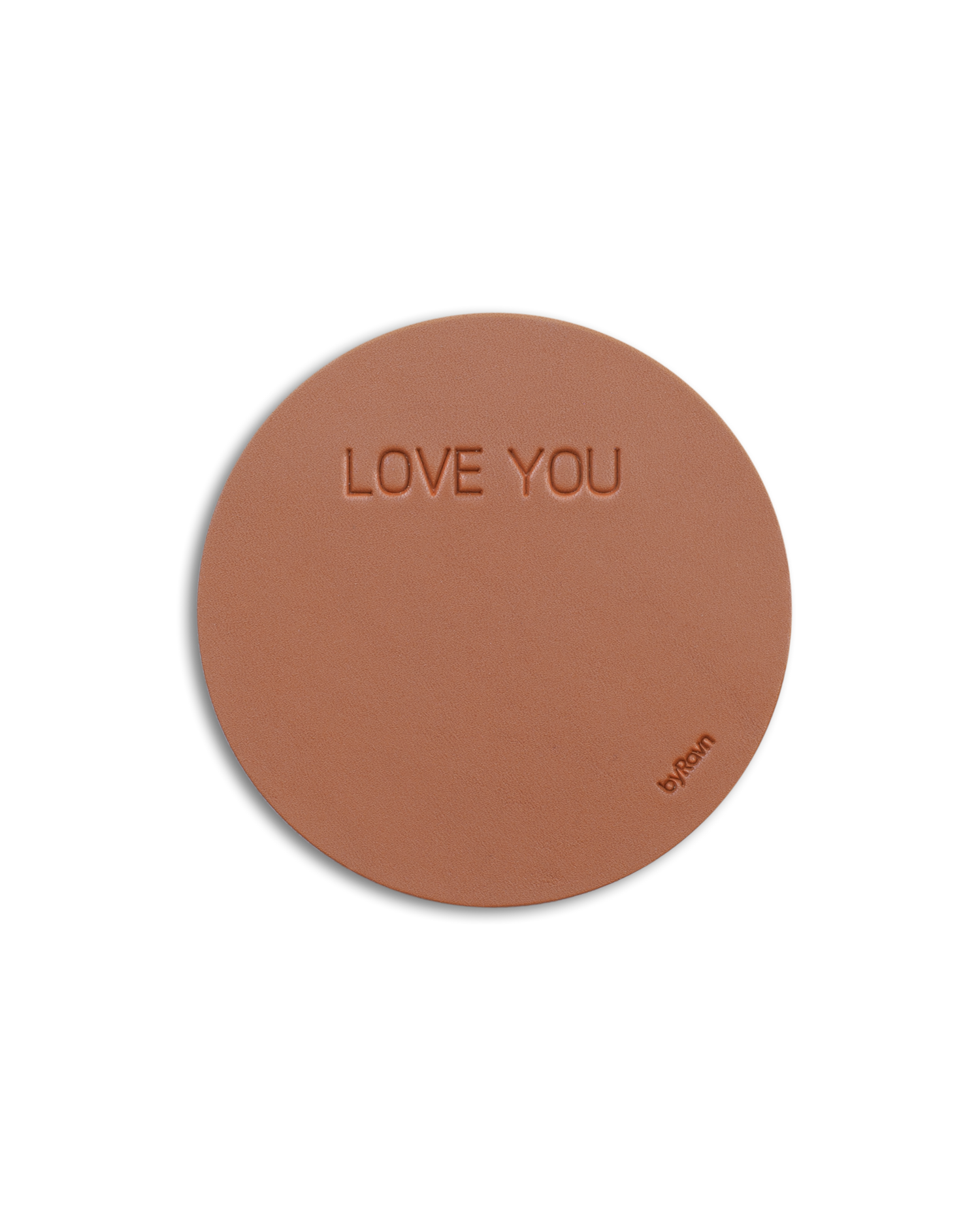 MOKKA round leather coaster from byRavn in cognac with the engraving "Love you"