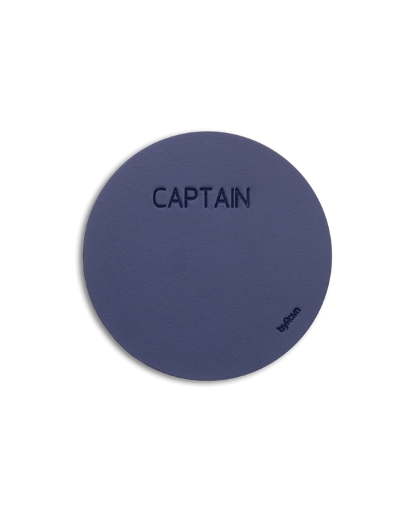 MOKKA round leather coaster from byRavn in navy blue with the engraving "Captain"