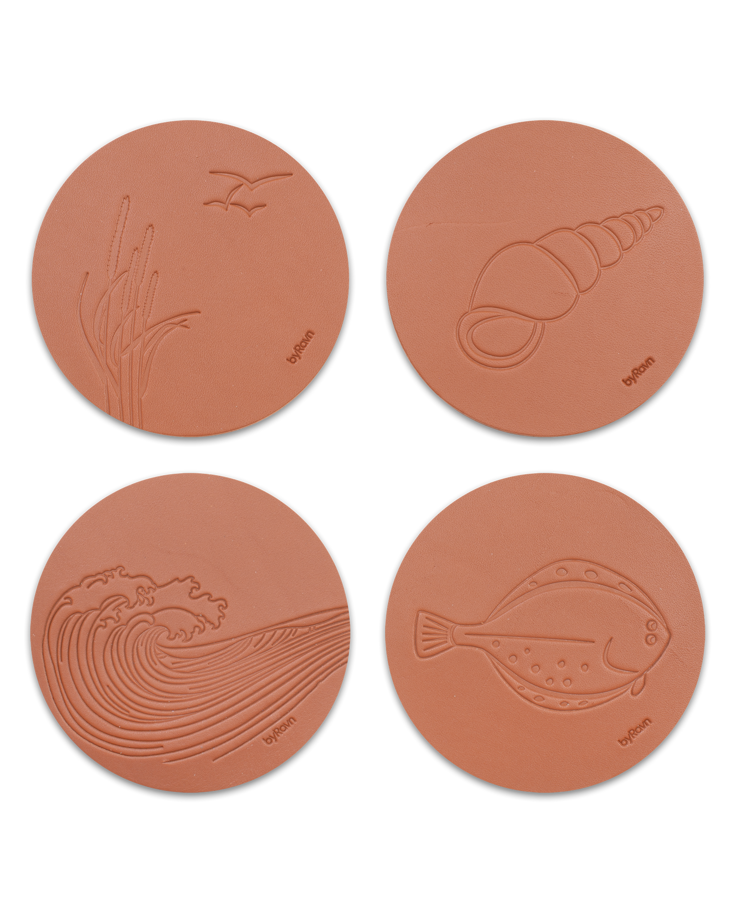 MOKKA summer house leather coasters from byRavn in cognac, set of 4 motifs: marram grass with seagulls, conch shell, wave and flatfish