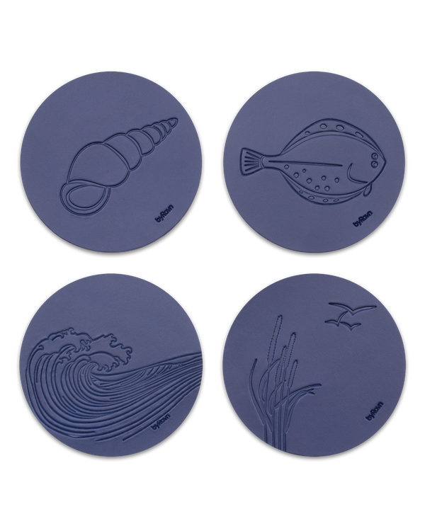 MOKKA summer house leather coasters from byRavn in navy blue, 4 motifs: conch shell, flatfish, wave and marram grass with seagulls
