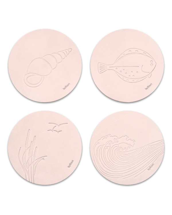 MOKKA summer house leather coasters from byRavn in natural, 4 motifs: conch shell, flatfish, marram grass with seagulls and wave