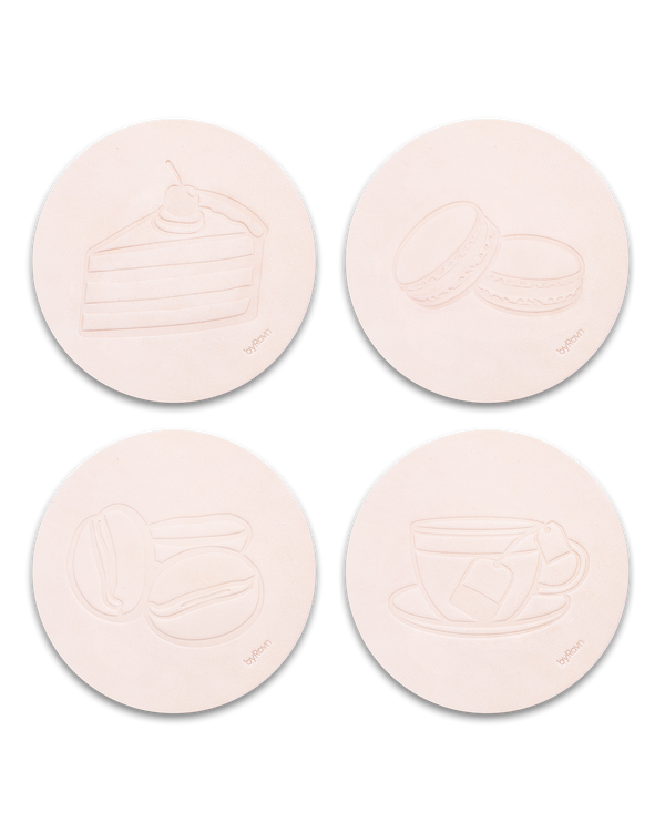MOKKA coffee & cake leather coasters from byRavn in natural, 4 motifs: layer cake, macarons, coffee beans and teacup