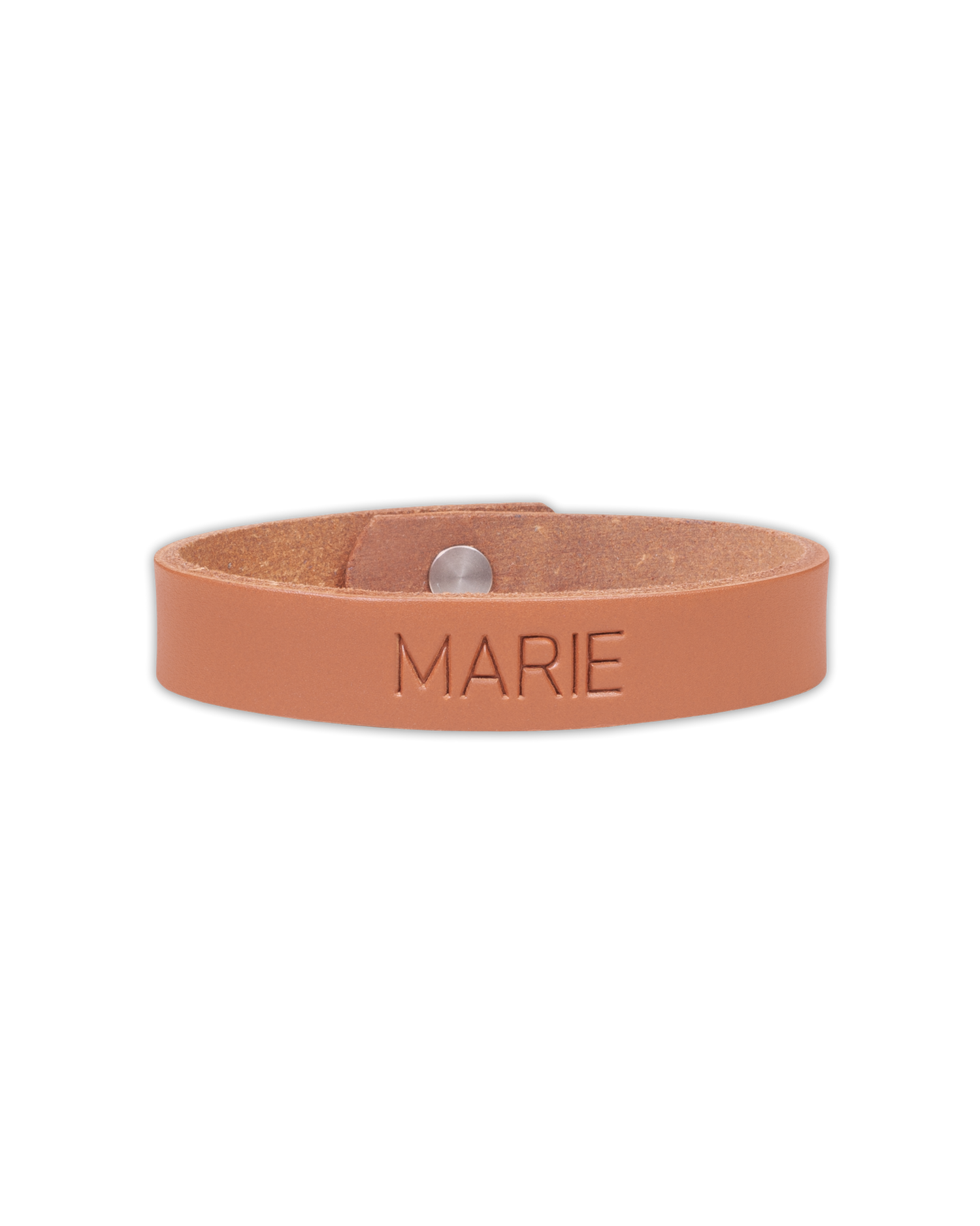 MONO leather bracelet from byRavn in cognac full-grain leather with the name "Marie" engraved and steel press stud