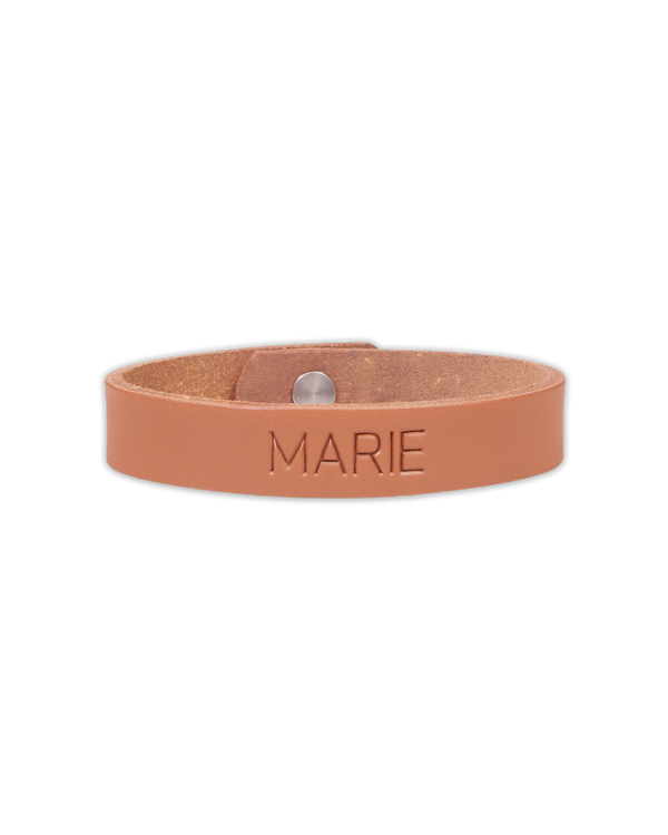 MONO leather bracelet from byRavn in cognac full-grain leather with the name "Marie" engraved and steel press stud