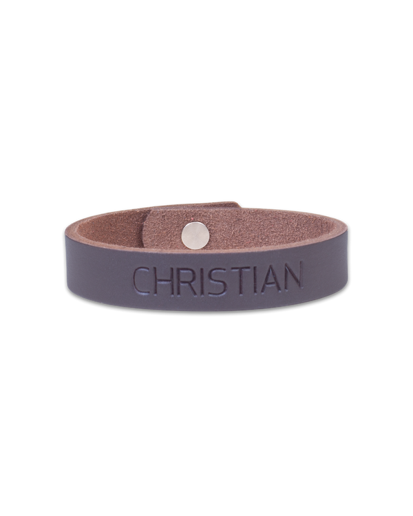 MONO leather bracelet from byRavn in dark brown full-grain leather with the name "Christian" engraved and steel press stud