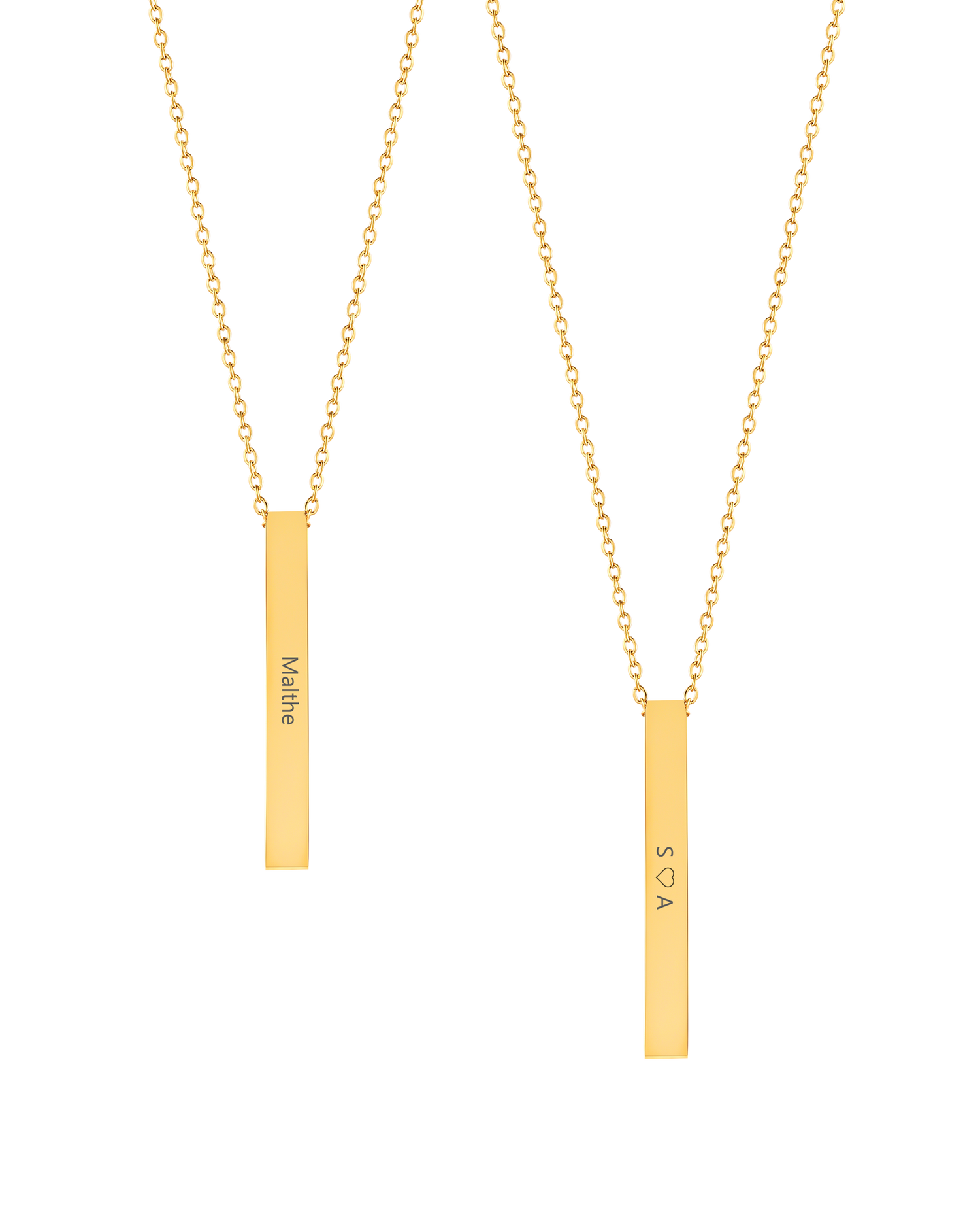 NEO necklace from byRavn in gold-plated steel, two elongated bar pendants with the name "Malthe" and "S ♡ A" engraved lengthwise