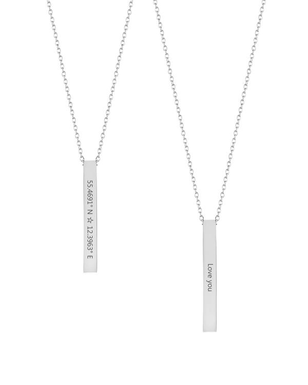 NEO necklace from byRavn in silver-coloured steel, two bar pendants with the coordinates "55.4691° N ☆ 12.3963° E" and "Love you"