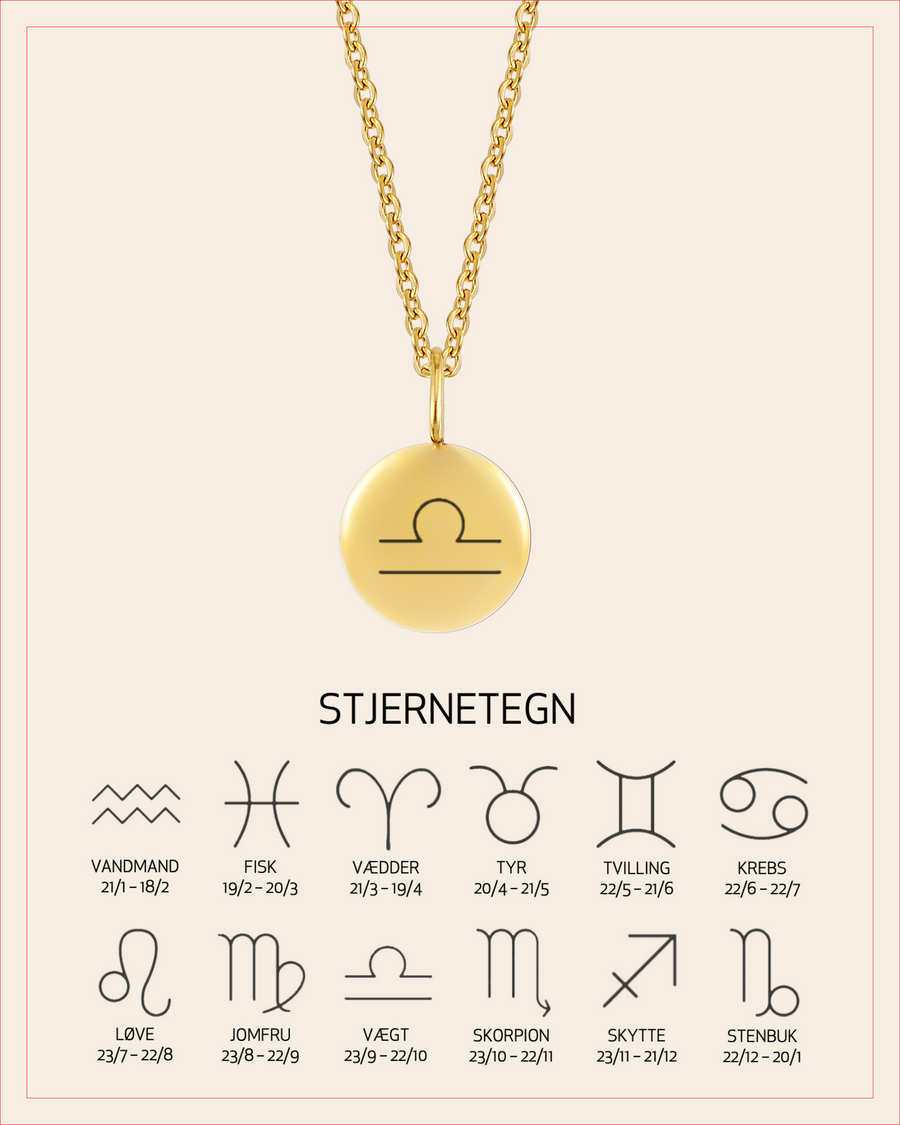 AYA STAR necklace in gold-plated stainless steel engraved with the Libra zodiac sign, with overview of all 12 zodiac signs and dates