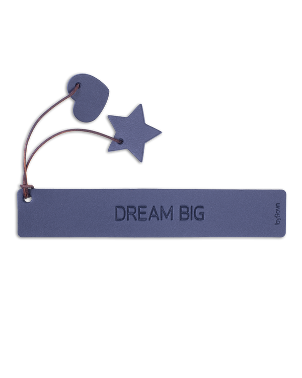 PAGE bookmark from byRavn in navy blue leather with the engraving "Dream big" and leather heart and star on a cord