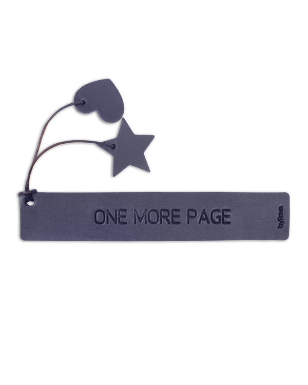 PAGE bookmark from byRavn in black leather with the engraving "One more page" and leather heart and star on a cord
