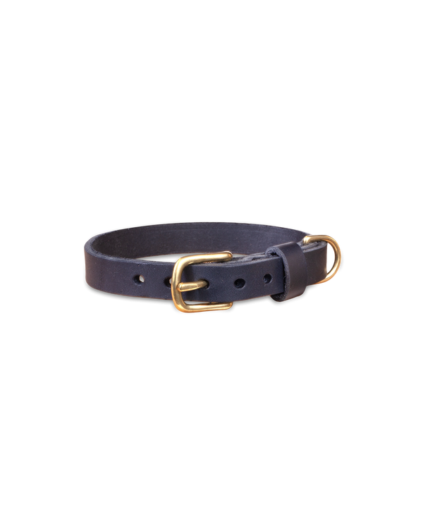 PAW16 leather dog collar from byRavn in black leather with a bluish tint, solid brass buckle and D-ring