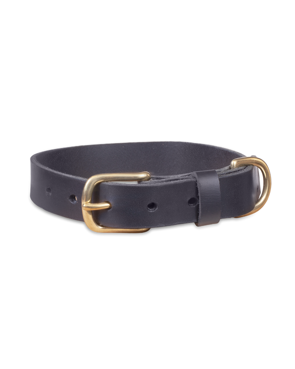 PAW25 leather dog collar from byRavn in black leather, wide design with solid brass buckle and D-ring