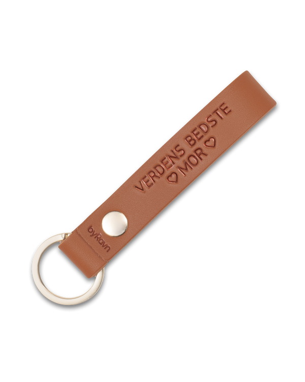 RAVN leather keyring from byRavn in cognac with steel key ring and the engraving "Verdens bedste mor" with hearts