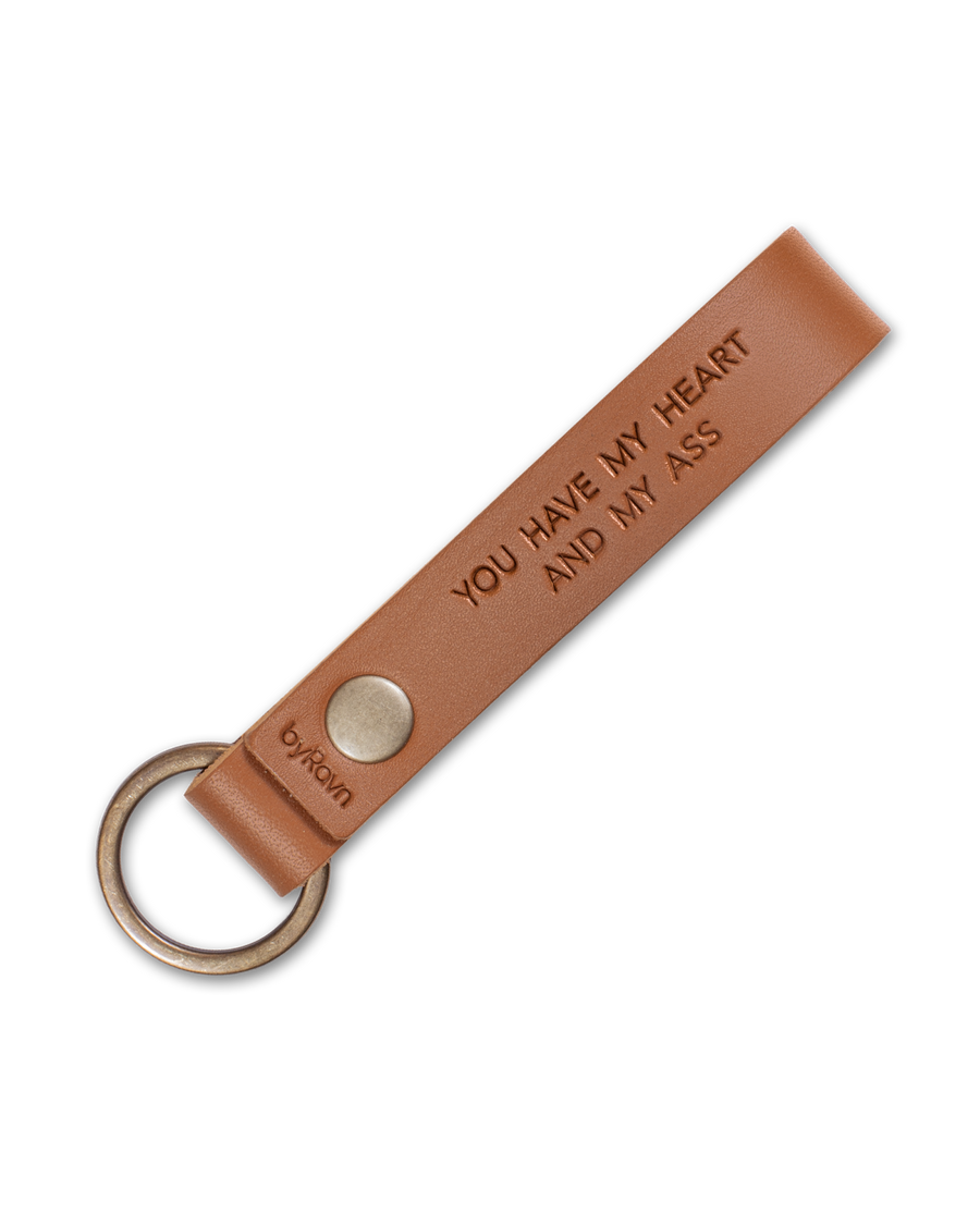 RAVN leather keyring in cognac with antique brass key ring and the engraving "You have my heart and my ass"