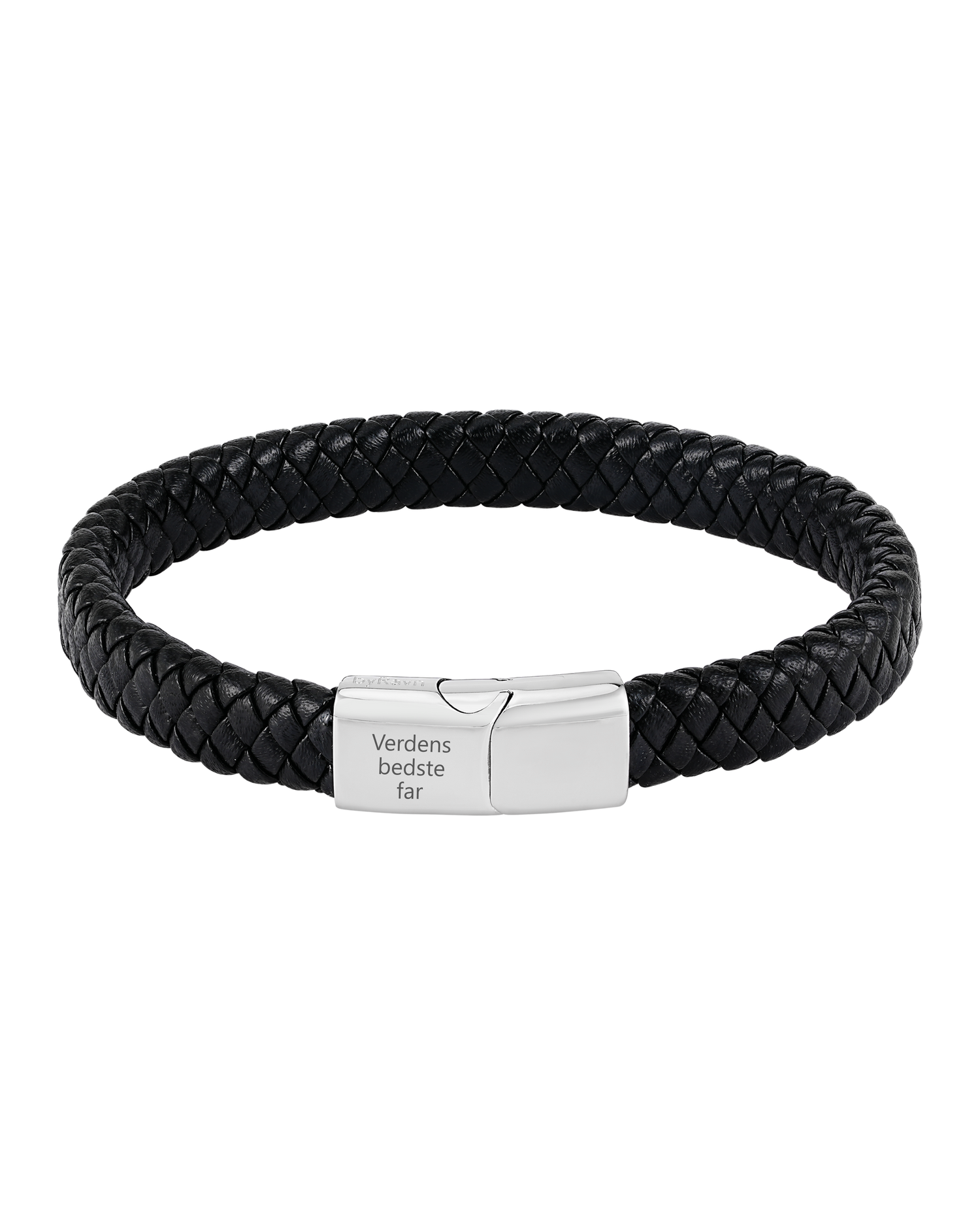 RAY leather bracelet from byRavn in black braided leather with steel magnetic clasp and the engraving "Verdens bedste far"