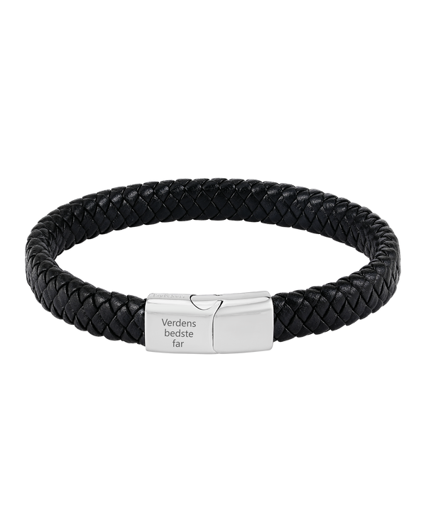 RAY leather bracelet from byRavn in black braided leather with steel magnetic clasp and the engraving "Verdens bedste far"