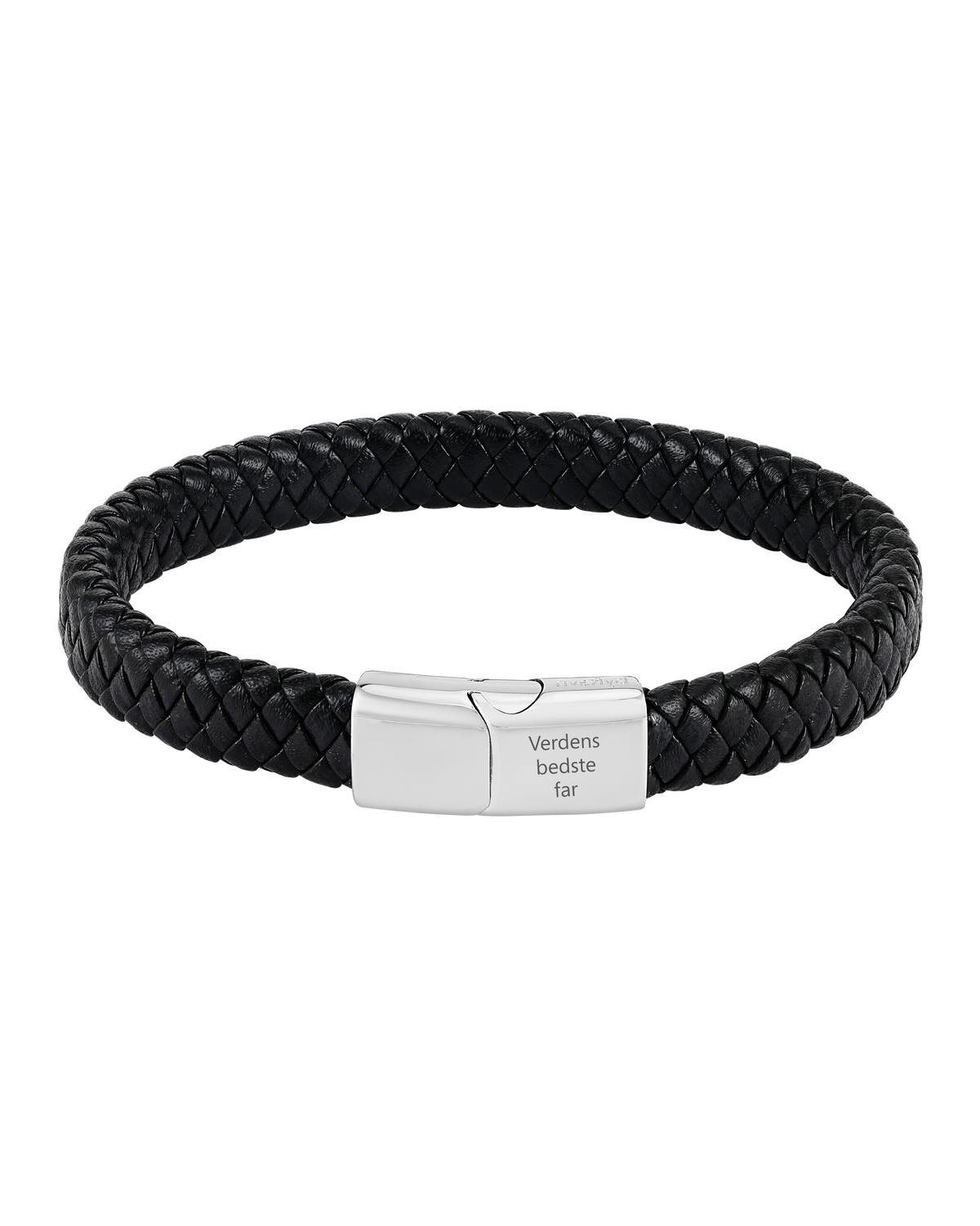 RAY leather bracelet from byRavn in black braided leather with a steel magnetic clasp and the engraving "Verdens bedste far"