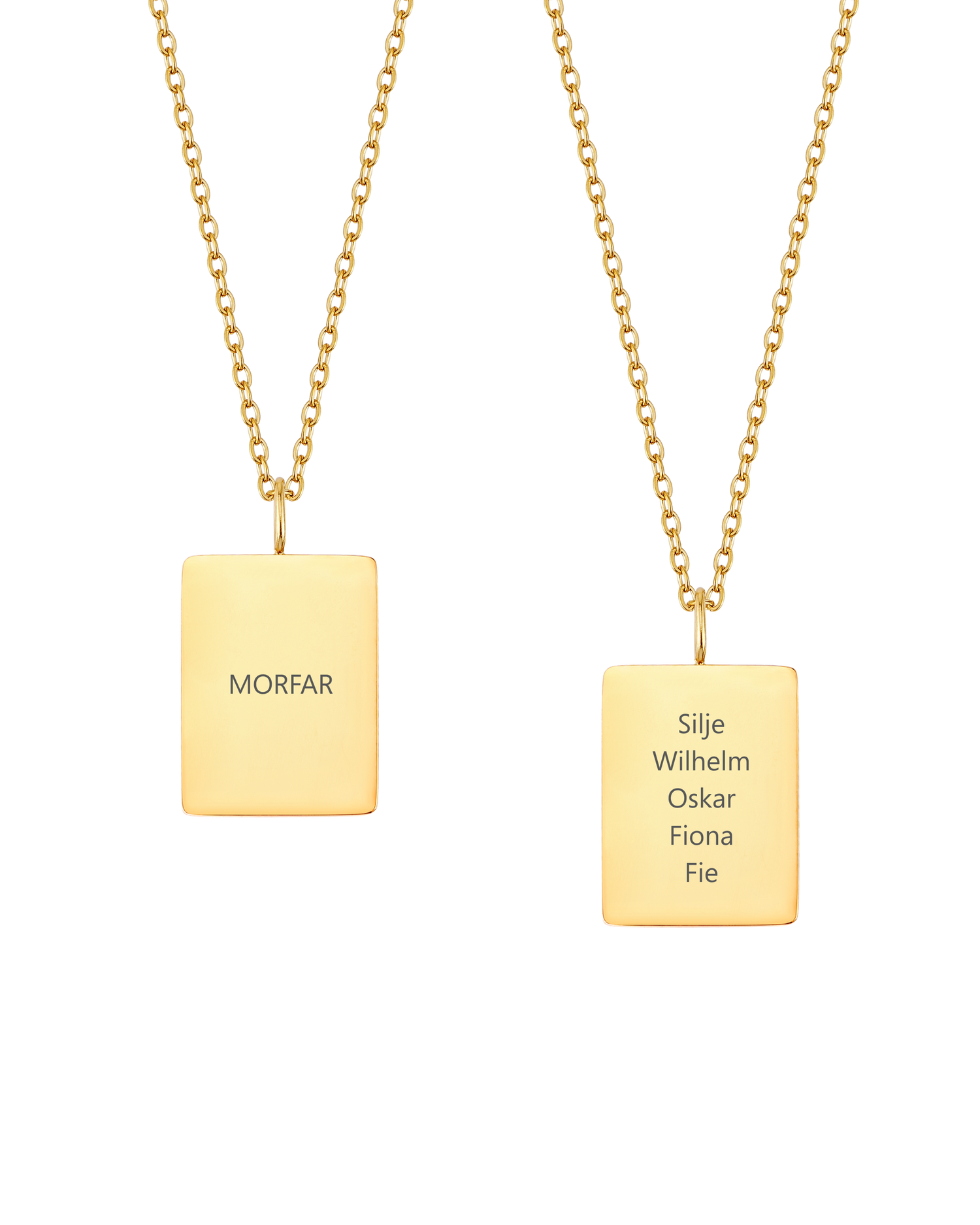 RAZ necklace from byRavn in gold-plated stainless steel, two rectangular pendants engraved "MORFAR" and "Silje Wilhelm Oskar Fiona Fie"