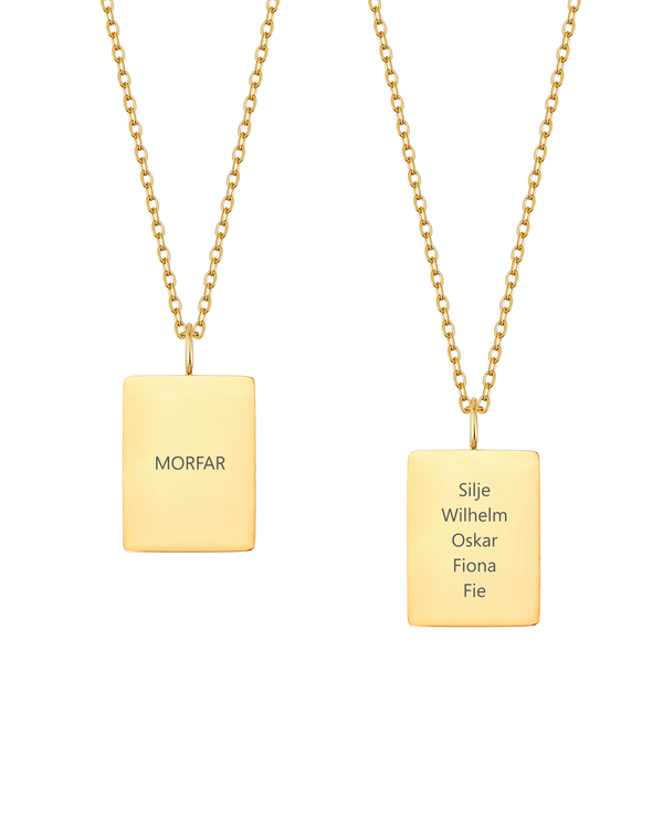 RAZ necklace from byRavn in gold-plated stainless steel, two rectangular pendants engraved "MORFAR" and "Silje Wilhelm Oskar Fiona Fie"