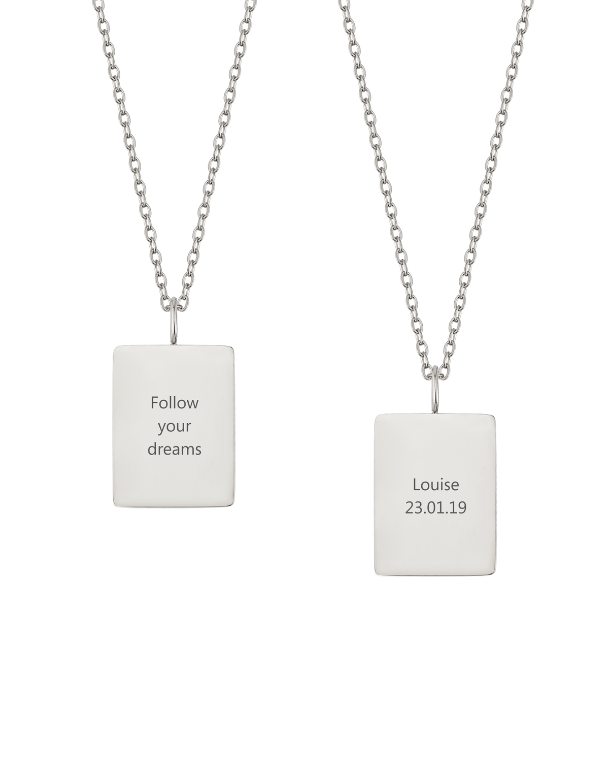 RAZ necklace from byRavn in silver-coloured stainless steel, two rectangular pendants engraved "Follow your dreams" and "Louise 23.01.19"
