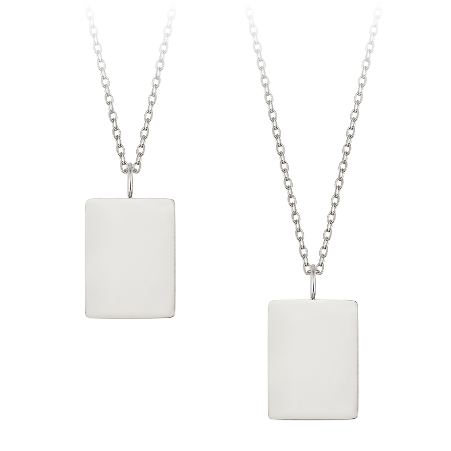 RAZ necklace in silver-coloured stainless steel, two rectangular pendants without engraving seen from front and back
