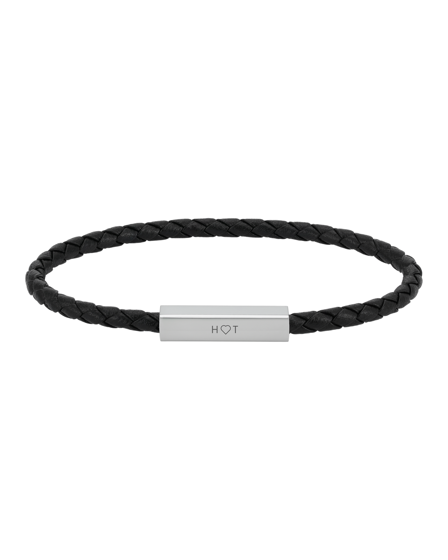 RIO leather bracelet from byRavn in black braided leather with steel clasp and the initials "H ♡ T" engraved