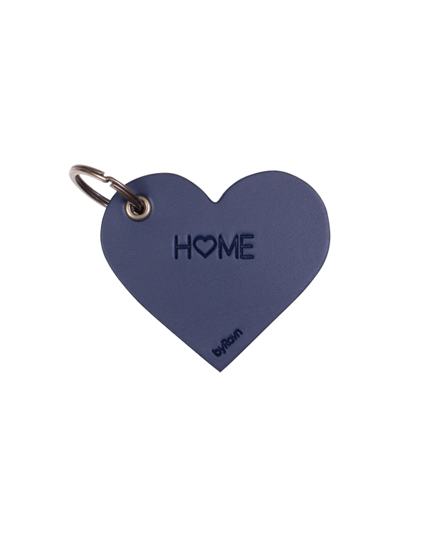 ROSE heart-shaped keyring from byRavn in navy blue leather with the engraving "Home", where the O is a heart