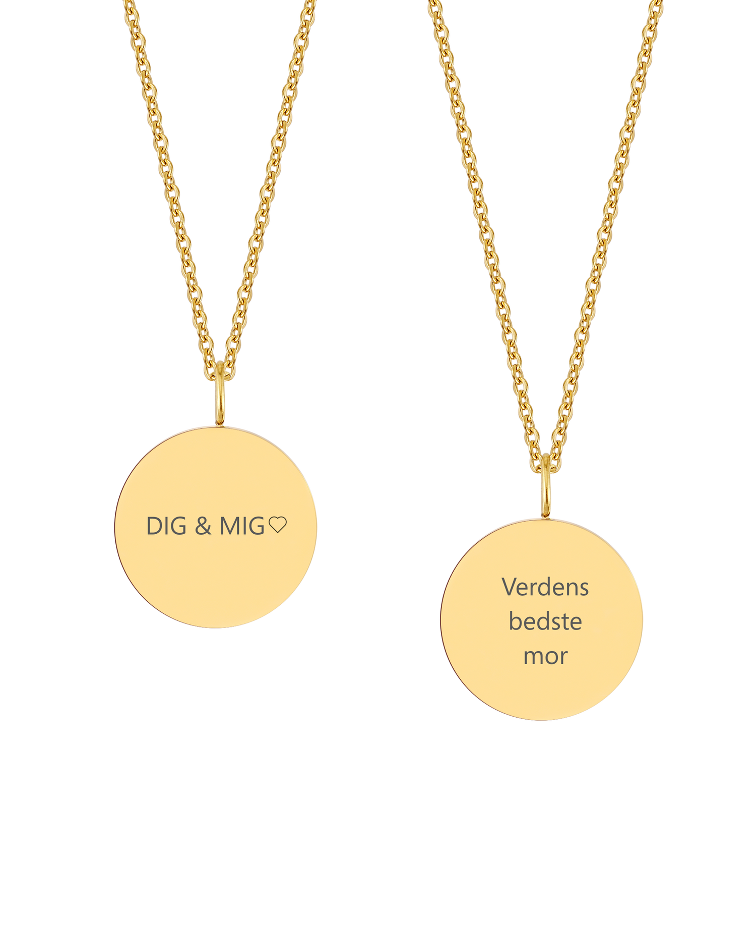 SIA QUOTE necklace from byRavn in gold-plated stainless steel, two round pendants with the engravings "Dig & mig" ♡ and "Verdens bedste mor"