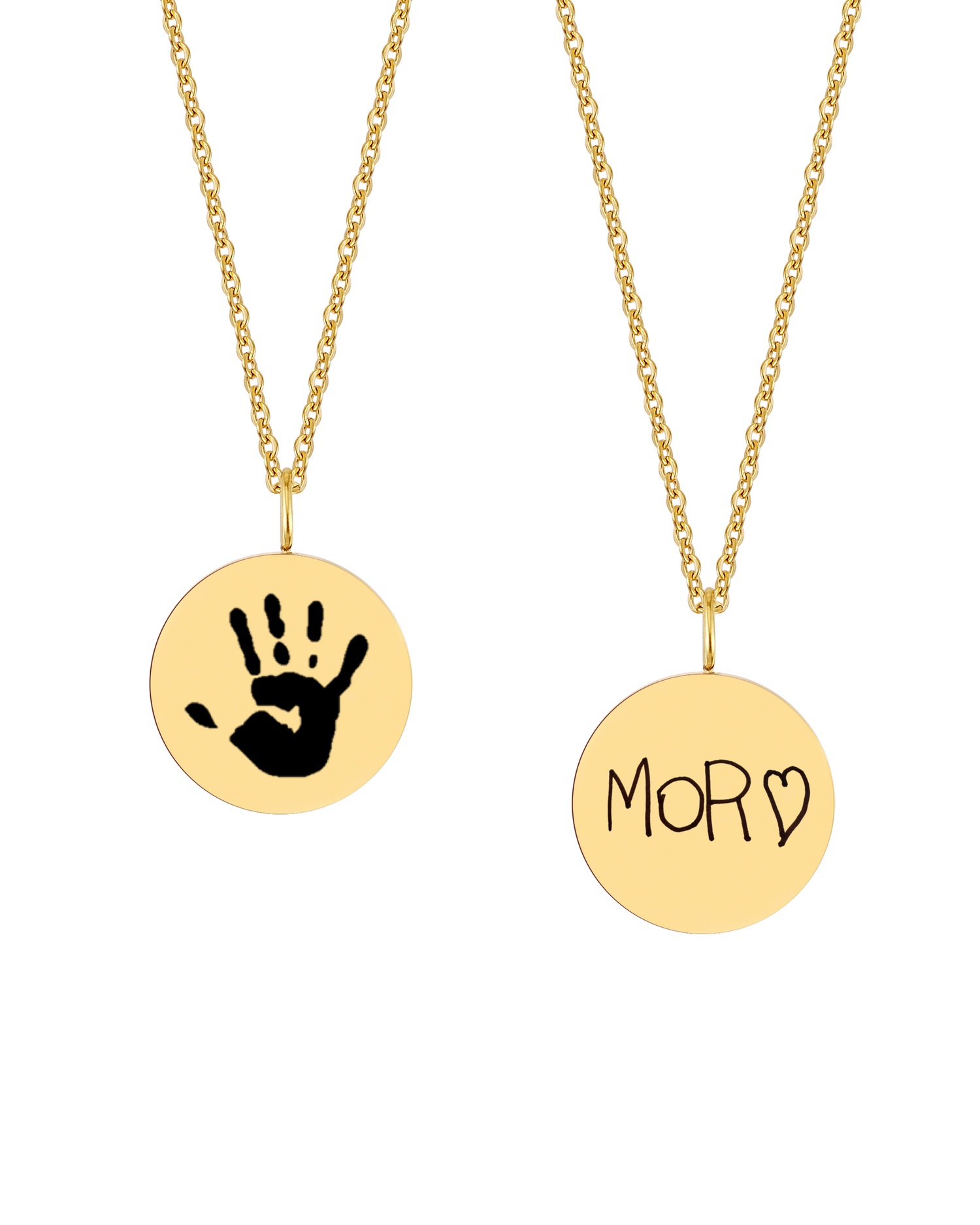 SIA MOTIF necklace from byRavn in gold-plated stainless steel, two round pendants engraved with a child's handprint and handwritten "Mor" ♡