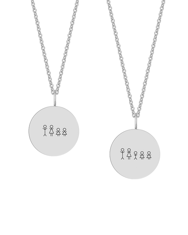 SIA STICK necklace from byRavn in silver-coloured steel, two round pendants engraved with matchstick families of four and five