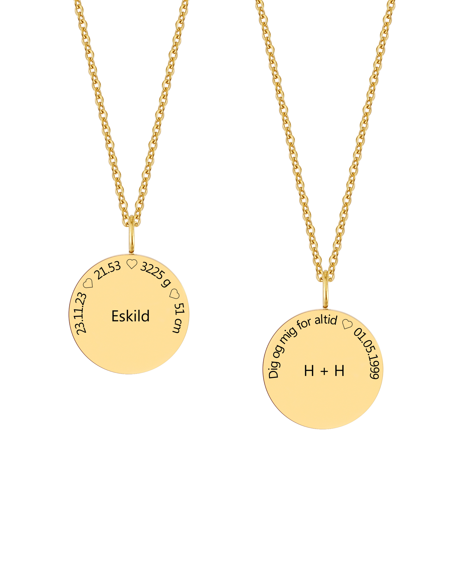 SIA CIRCLE necklace from byRavn in gold-plated steel, "Eskild" with birth data in a circle and "H + H Dig og mig for altid ♡ 01.05.1999"