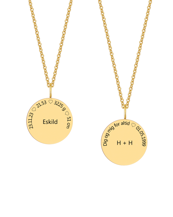 SIA CIRCLE necklace from byRavn in gold-plated steel, "Eskild" with birth data in a circle and "H + H Dig og mig for altid ♡ 01.05.1999"