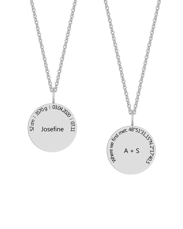 SIA CIRCLE necklace from byRavn in silver-coloured steel with "Josefine" and birth data in a circle and "A + S Where we first met"