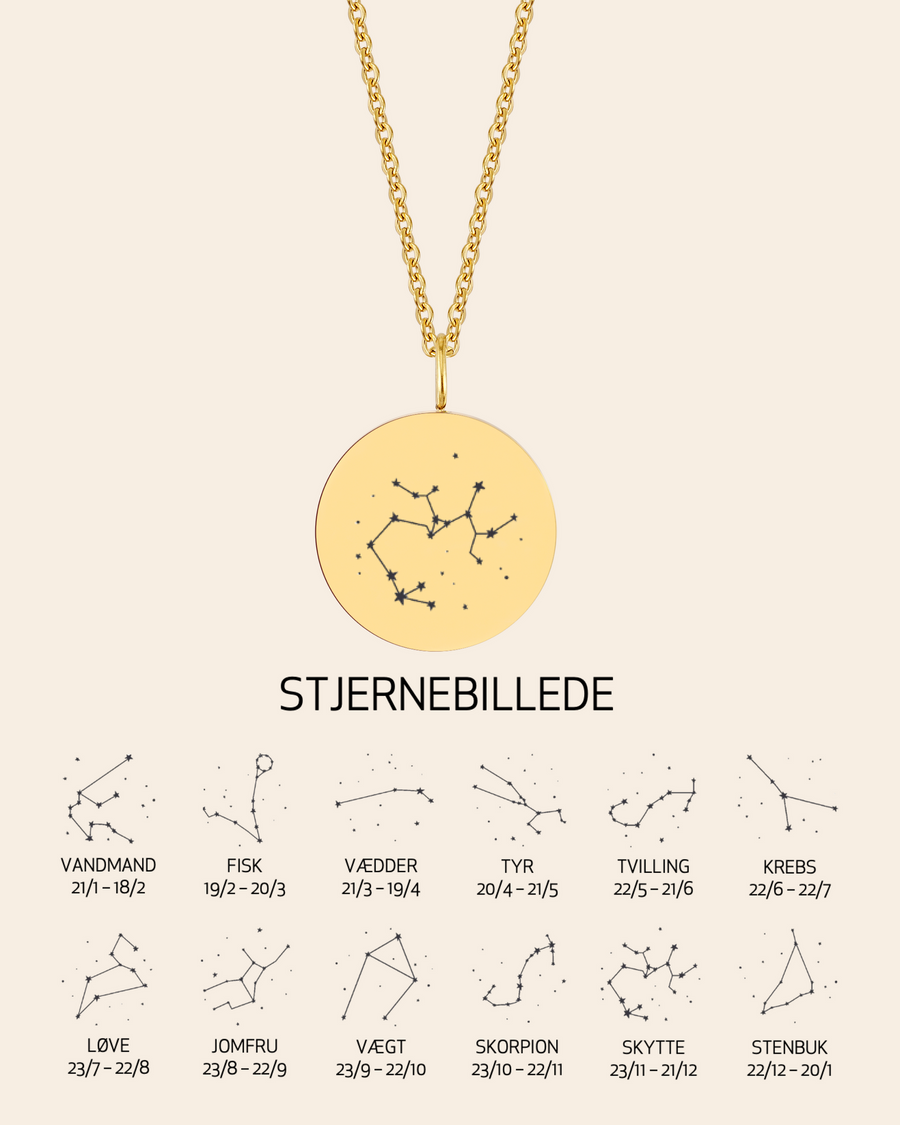 SIA STAR necklace in gold-plated stainless steel engraved with the Sagittarius constellation, with overview of all 12 constellations