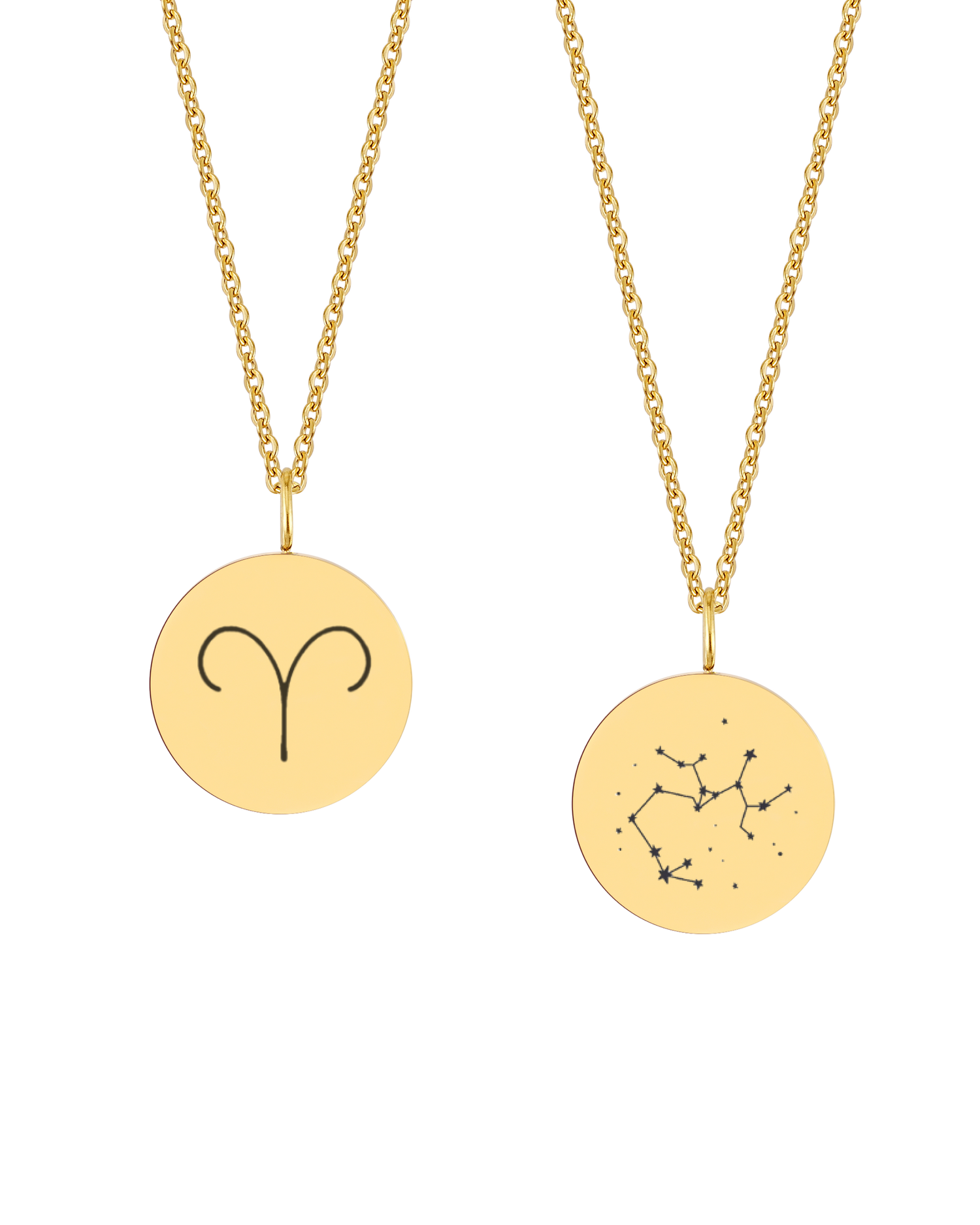 SIA STAR necklace from byRavn in gold-plated stainless steel, two round pendants with the Aries zodiac sign and Sagittarius constellation