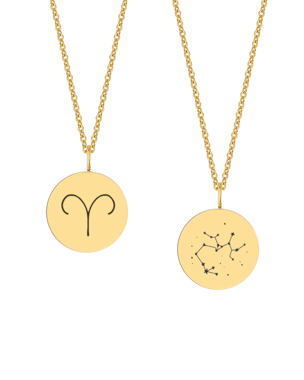 SIA STAR necklace from byRavn in gold-plated stainless steel, two round pendants with the Aries zodiac sign and Sagittarius constellation