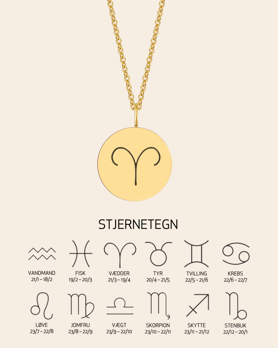 SIA STAR necklace in gold-plated stainless steel engraved with the Aries zodiac sign, with overview of all 12 zodiac signs and dates