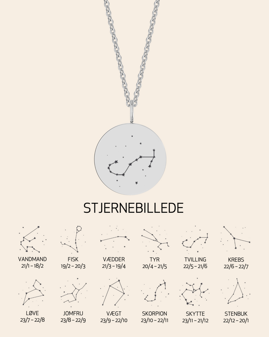 SIA STAR necklace in silver-coloured stainless steel engraved with the Scorpio constellation, with overview of all 12 constellations