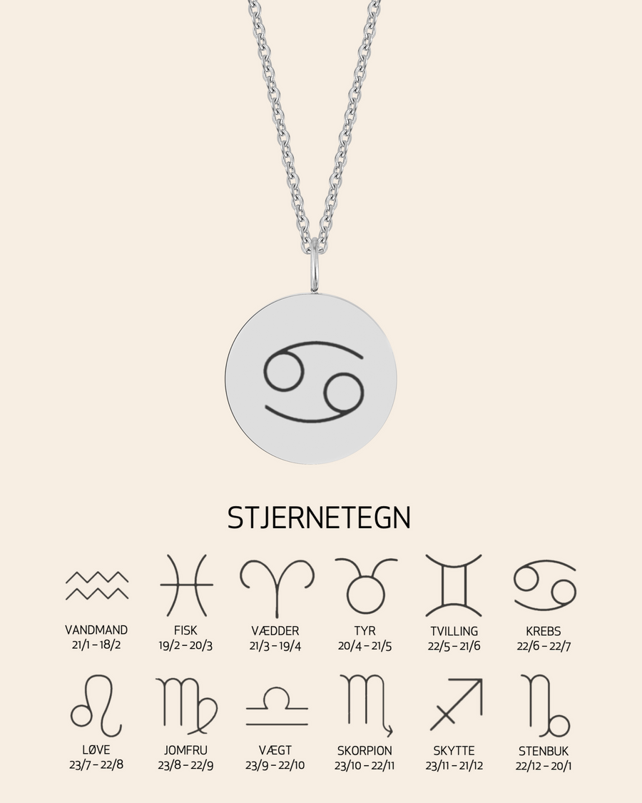 SIA STAR necklace in silver-coloured stainless steel engraved with the Cancer zodiac sign, with overview of all 12 zodiac signs and dates